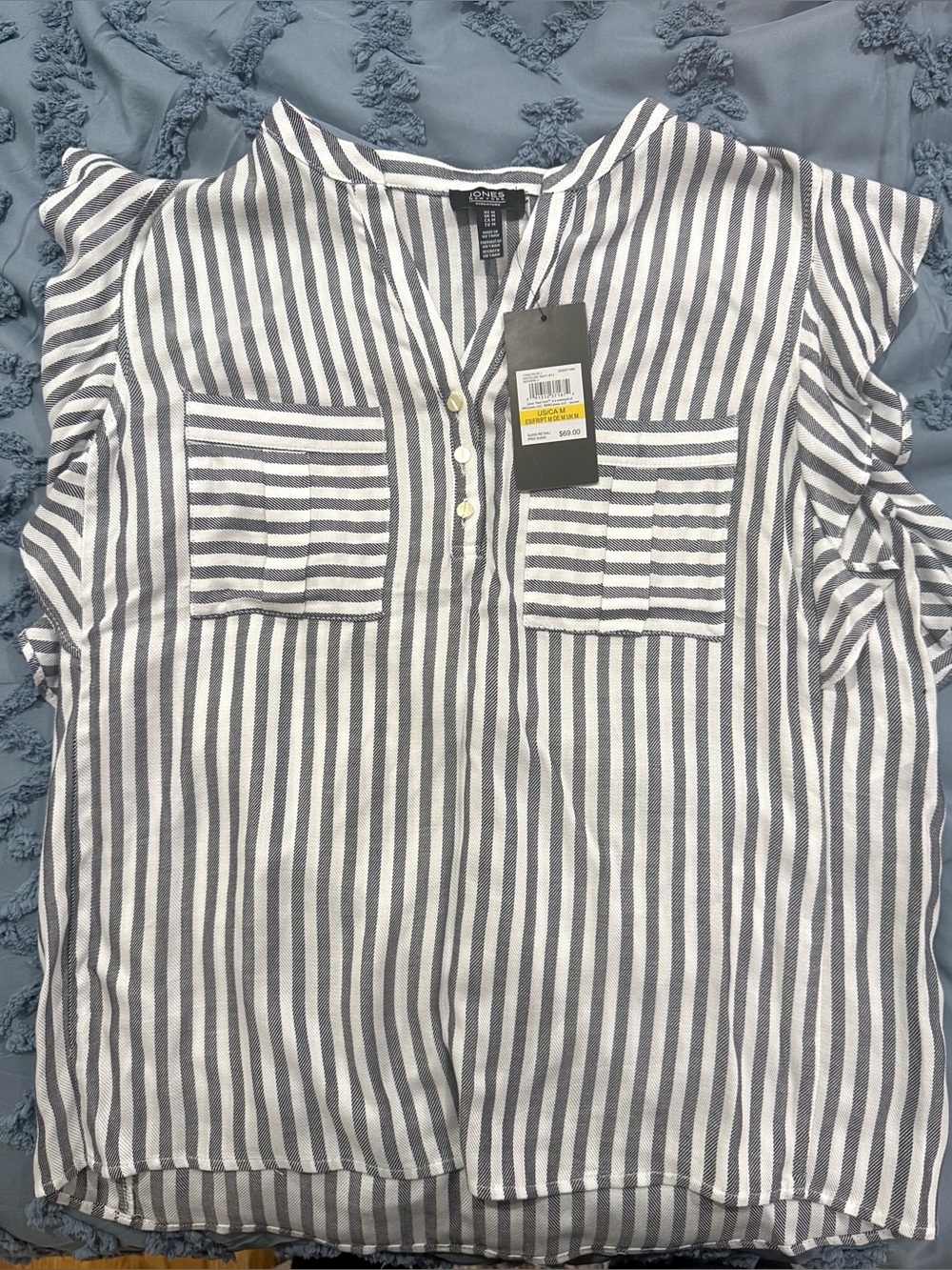 Jones New York Navy and White Vertical-Strip Pocket Henley Blouse